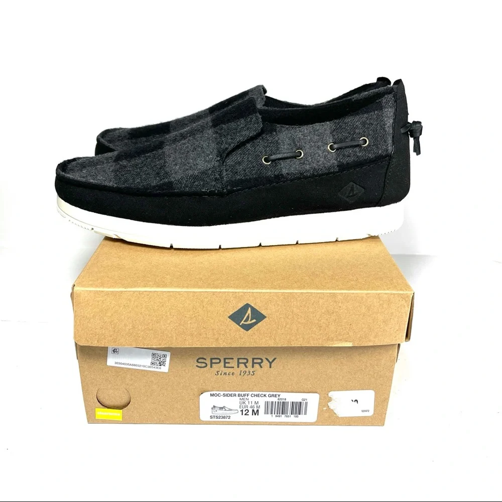 Sperry Top-Sider Mens‎ Moc-Sider Slip On Shoes Wool Black/Gray Plaid